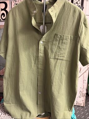 Ouku Olive Short-Sleeve Casual Button-Down Shirt. 🆕
